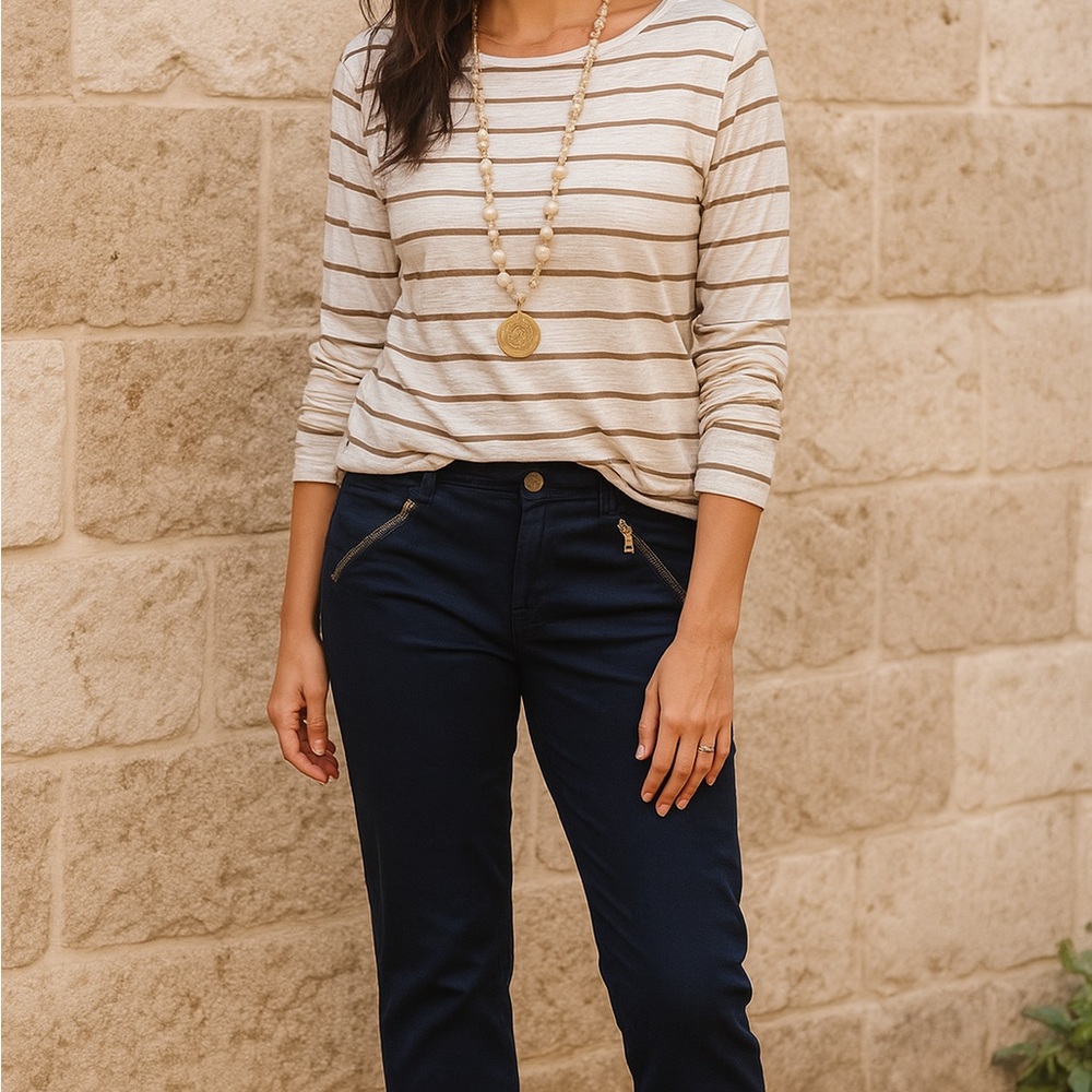 Vince Cream and Brown Striped Blouse